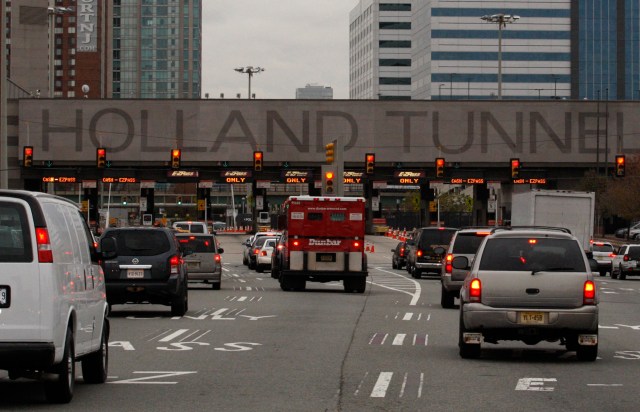 Commuters drive through Holland Tunnel to go to New York from Jersey City, New Jersey